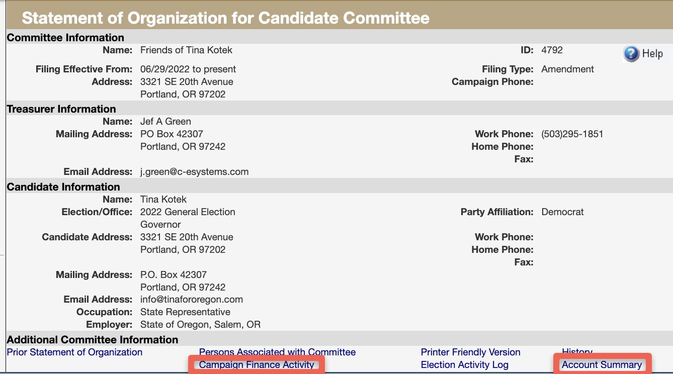 A political campaign statement of organization form for the candidate Tina Kotek, with details about her candidacy for governor in the 2022 election, including her address in Portland, Oregon, and her status as a Democrat. The form lists her campaign information, treasurer's contact, and additional committee details. There are also links at the bottom for related campaign activities and summaries.