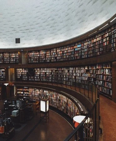 A multi-level indoor library with curved shelves filled with books, featuring a rounded ceiling and designated reading areas.
