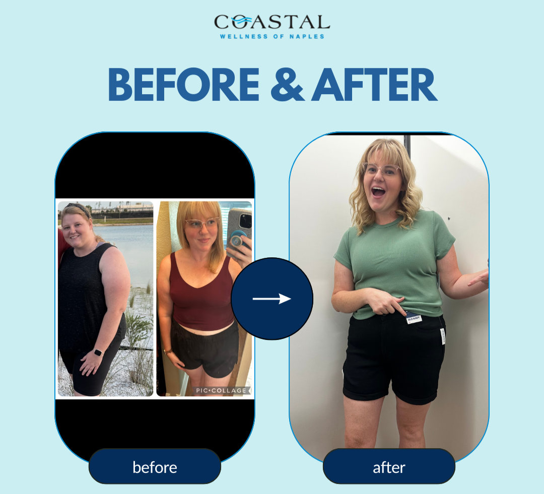 Coastal Wellness of Naples' GLP-1 before photos showing a woman’s weight loss transformation. The 'before' photos show her with a fuller figure, while the 'after' photo depicts her slimmer and smiling in casual clothes, standing against a white wall.