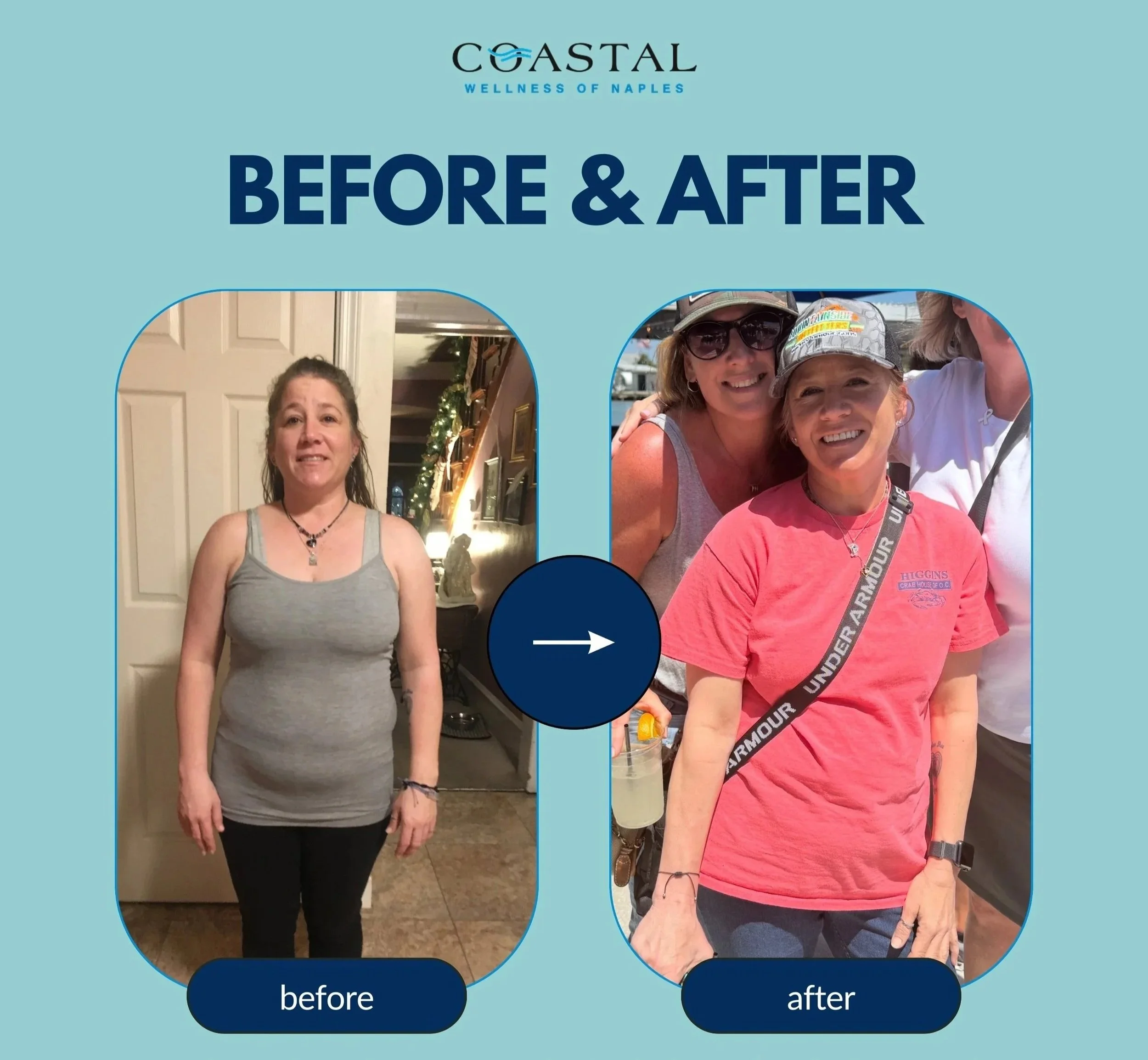 Side-by-side comparison of a woman before and after a transformation, with the before photo showing her in a gray tank top inside her home, and the after photo showing her smiling outdoors in a pink T-shirt, surrounded by friends.