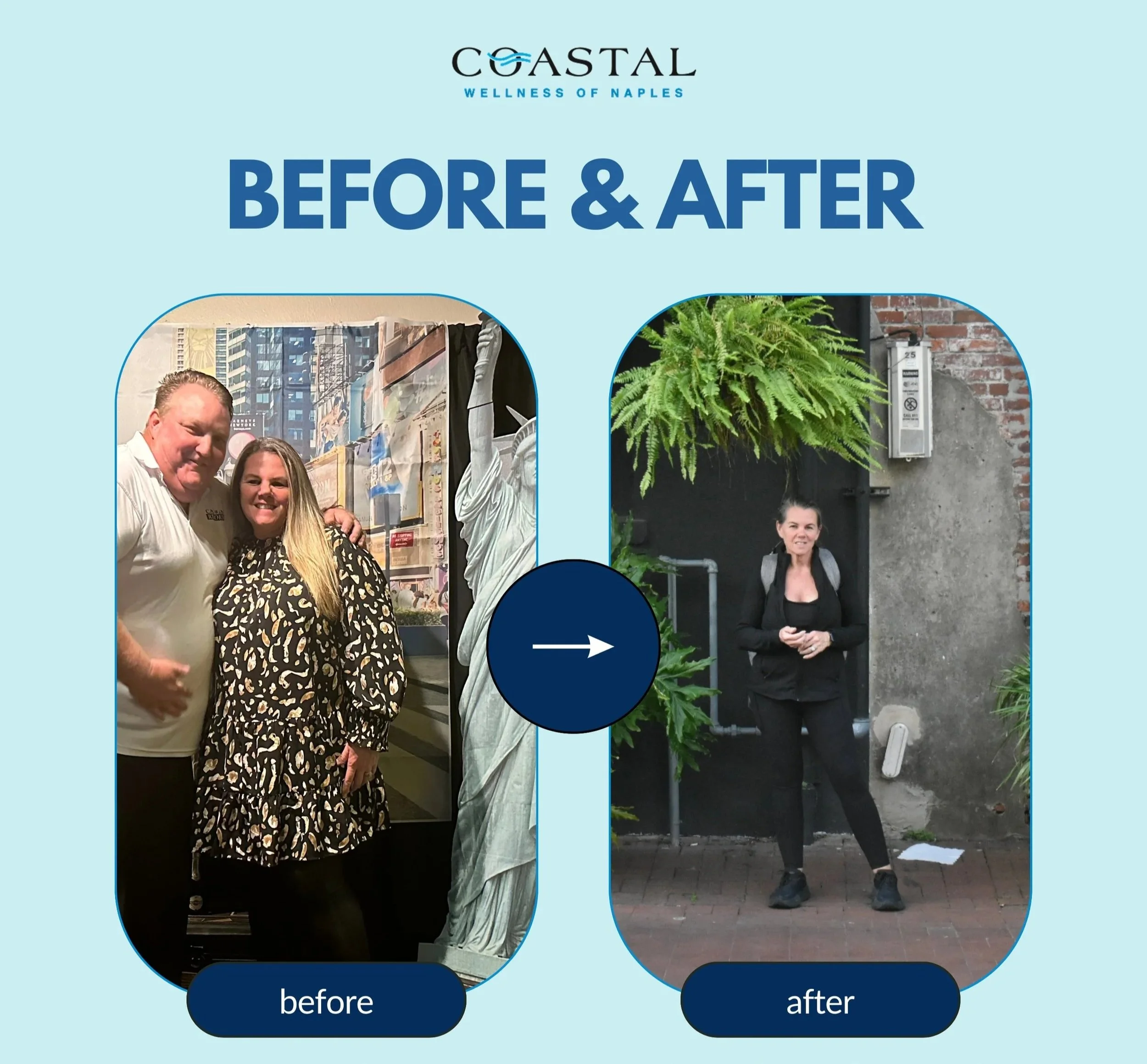 Side-by-side before and after photos showing a woman transforming her outdoor space; before photo with two people indoors and the Statue of Liberty in the background, after photo with woman standing outside against a dark wall with plants.