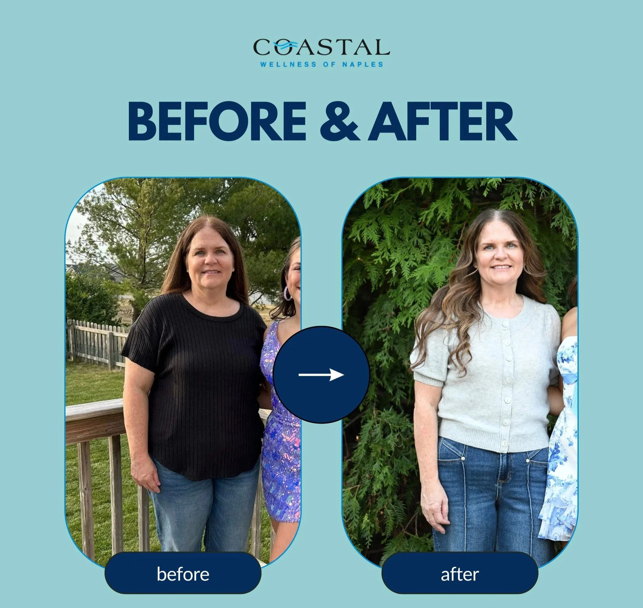 -by-side before and after photos of a woman showing physical changes from a wellness program. The before photo shows her with darker hair, wearing a black shirt, and standing outdoors with trees and a wooden fence in the background. The after photo s