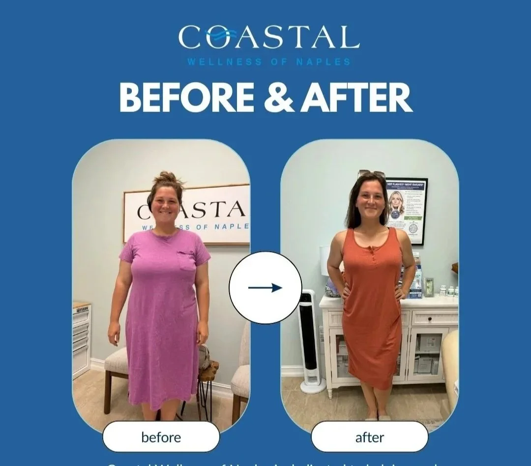 Before and after photo collage showing weight loss transformation of a woman. The before images depict her wearing a black tank top and shorts, smilingThe after image shows her wearing a pink t-shirt and black shorts, smiling and pointing at herself 