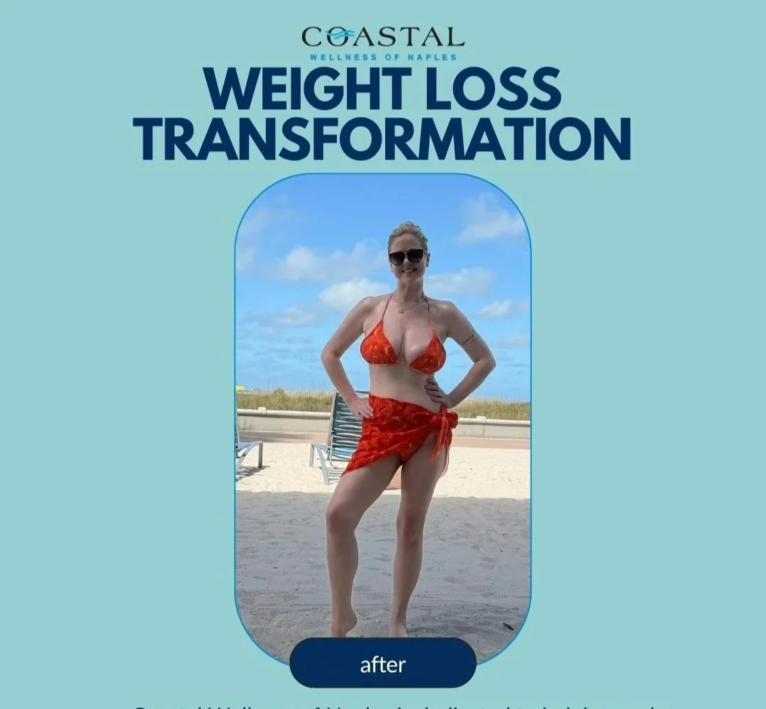 A woman in sunglasses and a bikini on the beach, smiling and posing with hands on hips, showing her weight loss transformation after a program at Coastal Wellness of Naples.