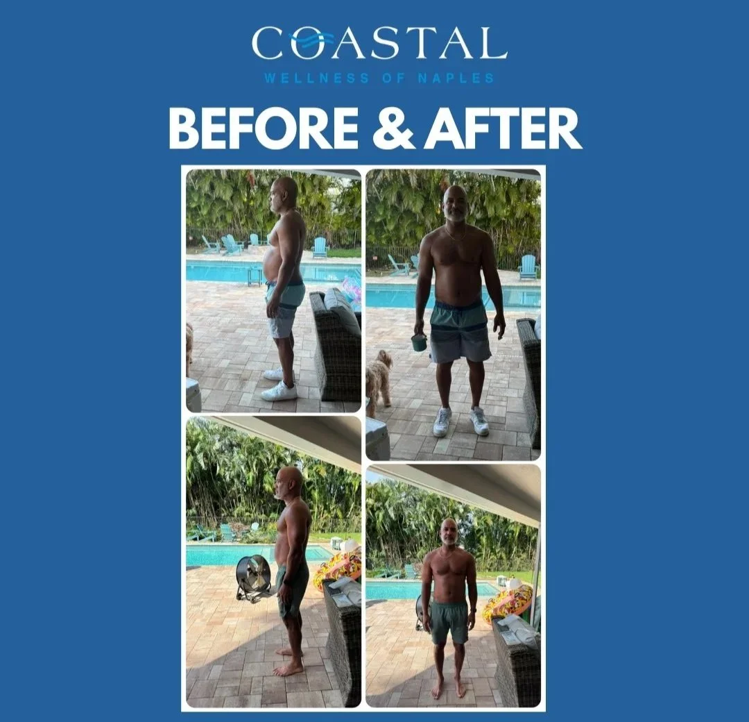 before and after photos showing a man at a poolside. In the 'before' photos, he has a larger belly and appears less fit. In the 'after' photos, he has a slimmer, more toned physique.  Coastal Wellness of naples