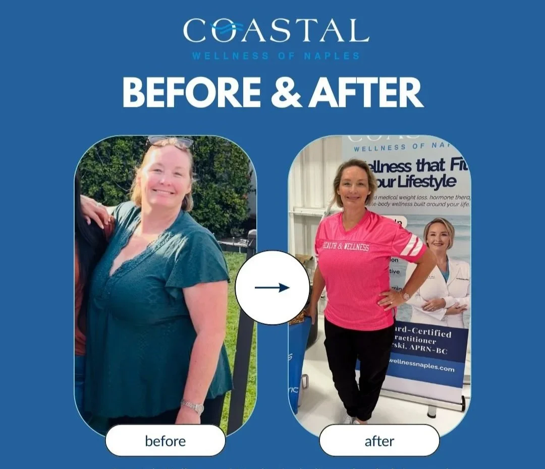 Lisa Sikorski nurse practitioner Side-by-side comparison of a woman before and after weight loss, showing her smiling in both images, with the 'before' picture on the left and the 'after' picture on the right.
