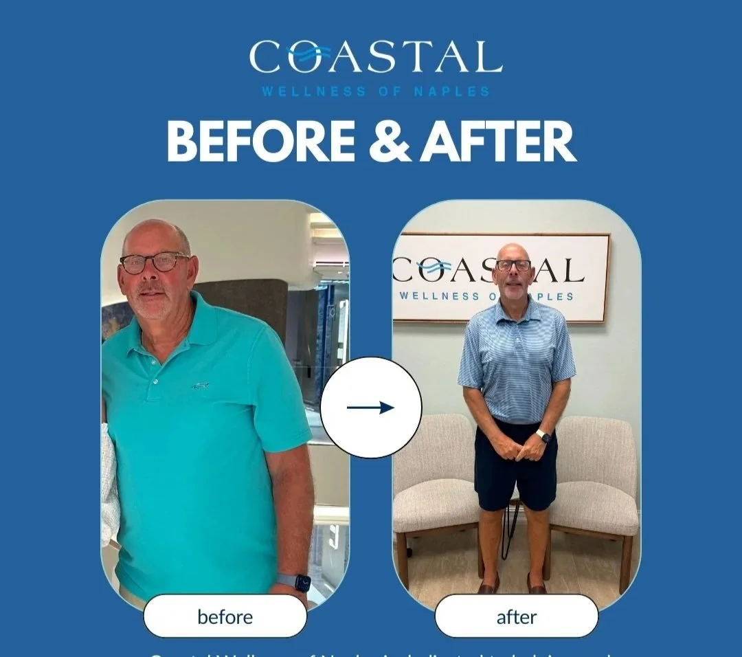 Side-by-side before and after photos of a man, showing weight loss transformation, in front of a Coastal Wellness of Naples sign.