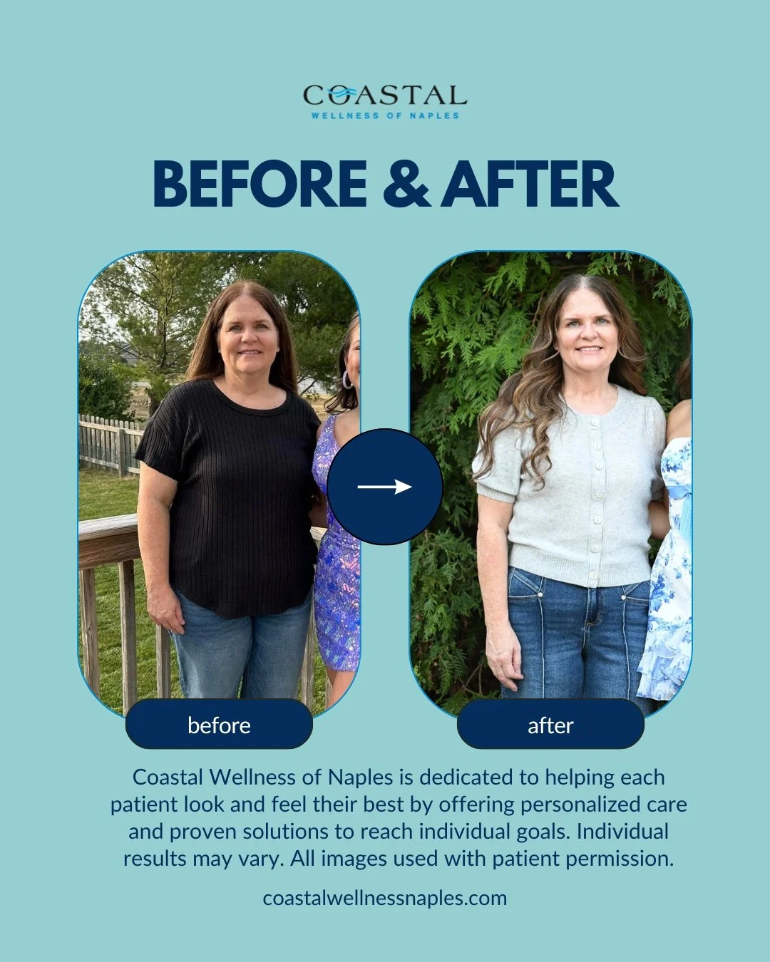 Side-by-side comparison of a woman before and after a wellness program, showing appearance improvements, with the 'before' image on the left and the 'after' image on the right, set against outdoor backgrounds with trees and greenery.