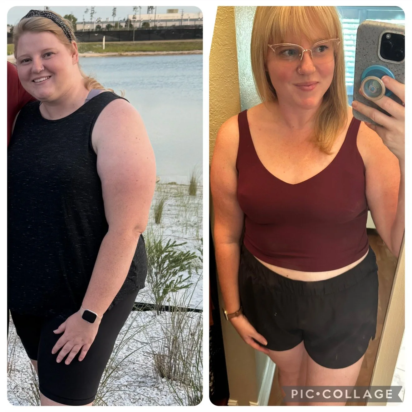 Side-by-side comparison of a woman before and after weight loss. The first photo shows her outdoors near water, wearing a black sleeveless top and black shorts, smiling with lighter hair. The second photo is a selfie indoors, wearing a maroon crop top and black shorts, with slightly darker hair and glasses.