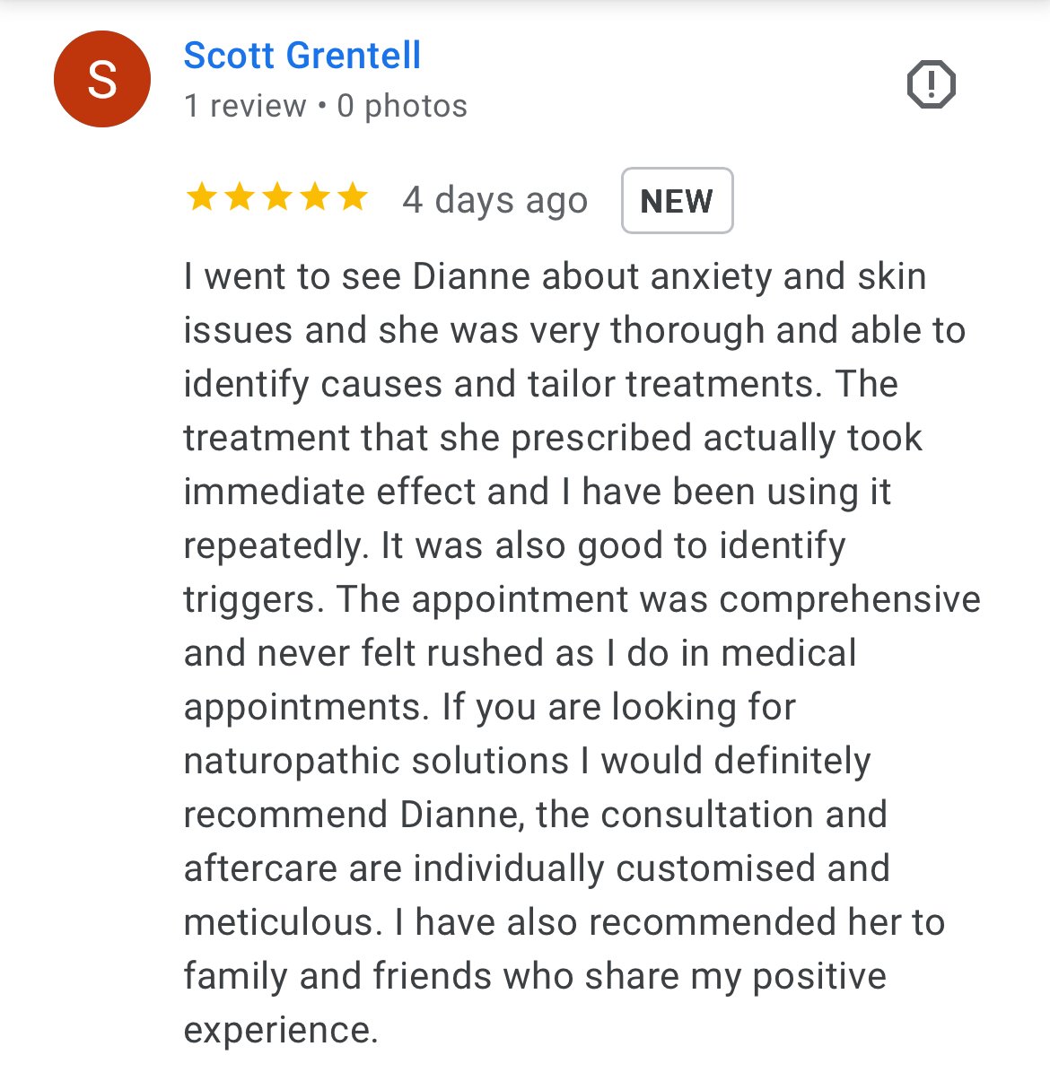A screenshot of a Google review by Scott Grentell for Dianne, praising her thoroughness in addressing anxiety and skin issues with personalized treatment, highlighting her detailed approach and positive results.