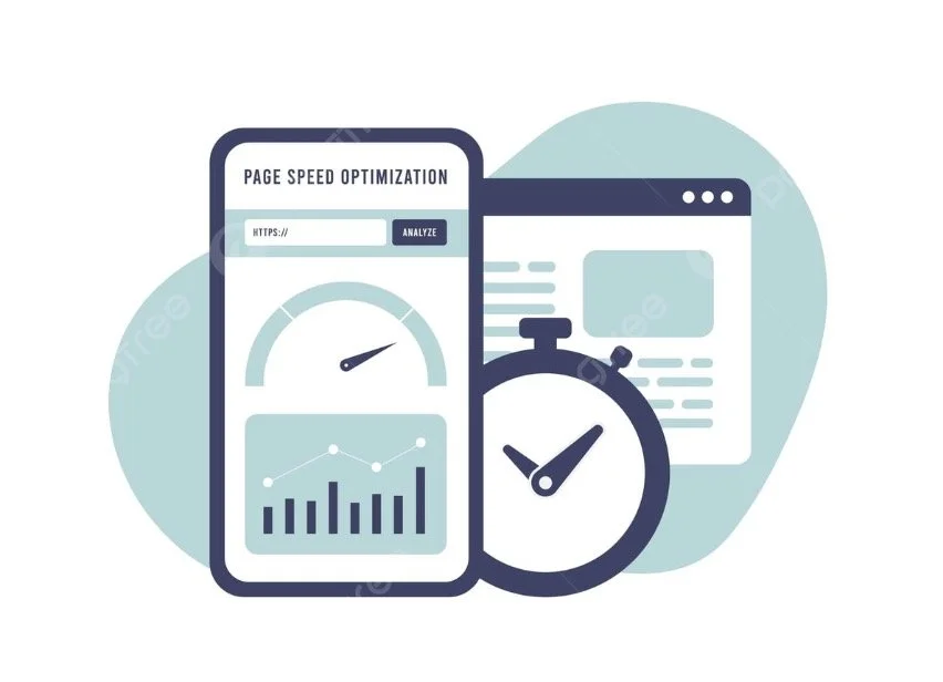 Illustration of a smartphone and a stopwatch showing page speed optimization results, including a speed gauge and a bar chart, with a webpage in the background.