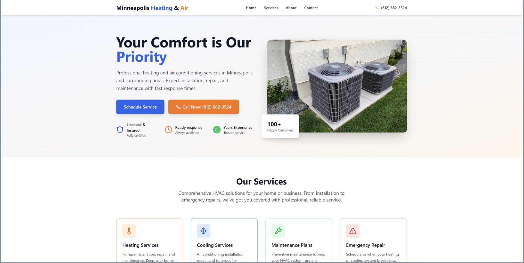 Screenshot of Minneapolis Heating & Air website homepage. Features HVAC services with images of air conditioning units and service options like heating, cooling, maintenance, and emergency repair.