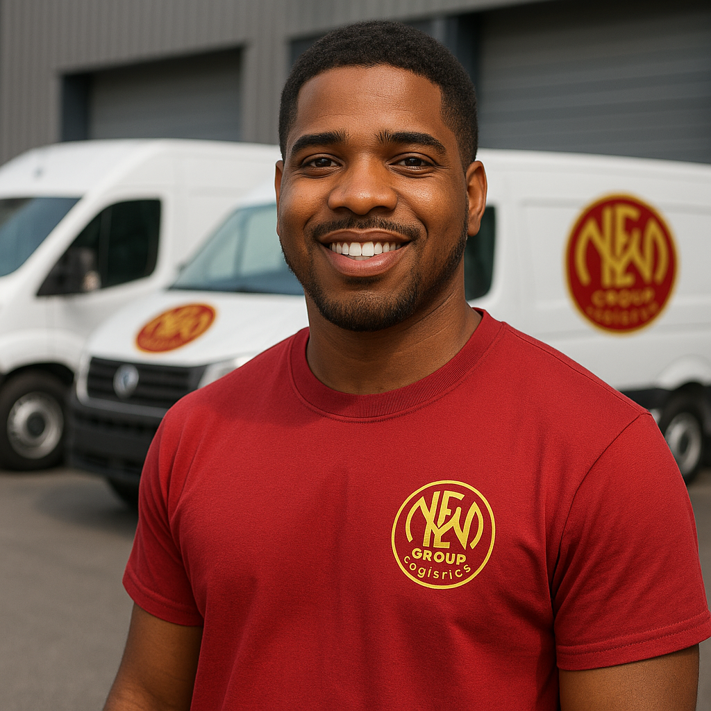 A smiling man wearing a red T-shirt with a logo, standing in front of a delivery van with the same logo, outside a warehouse building.