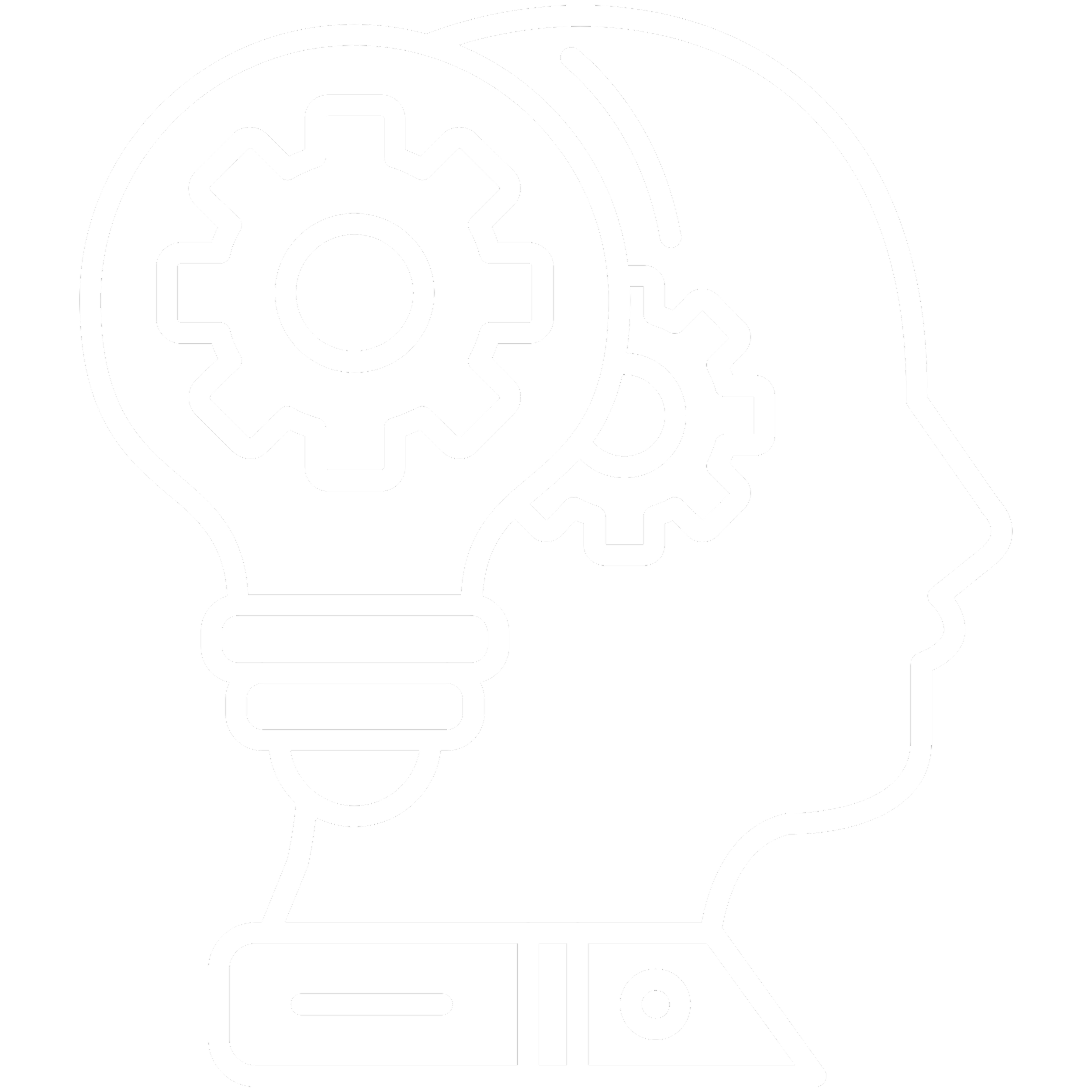 Outline of a human head with gears inside, a lightbulb at the neck, representing ideas and thinking.
