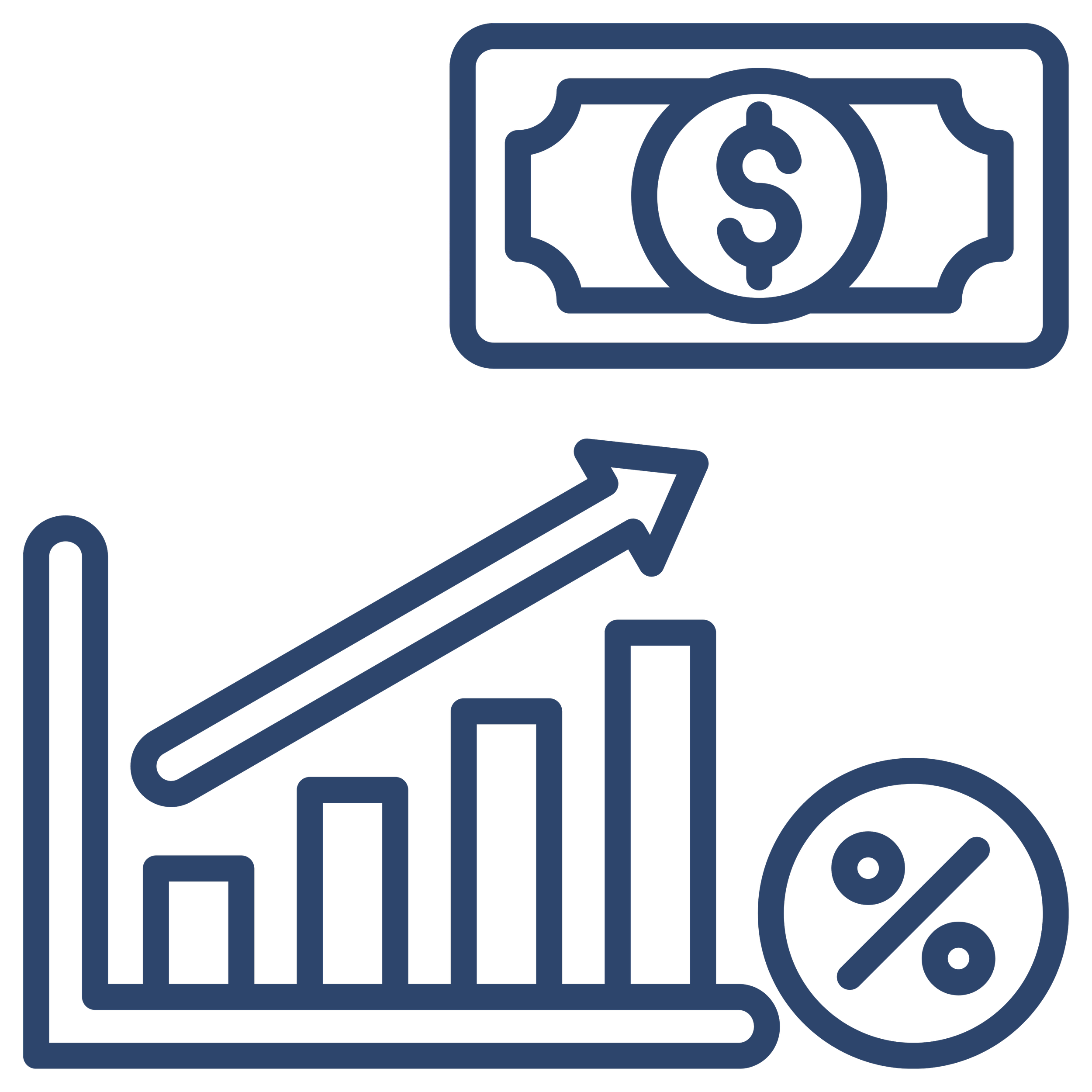 Line graph with an upward trend, a dollar bill icon, and a percentage symbol.