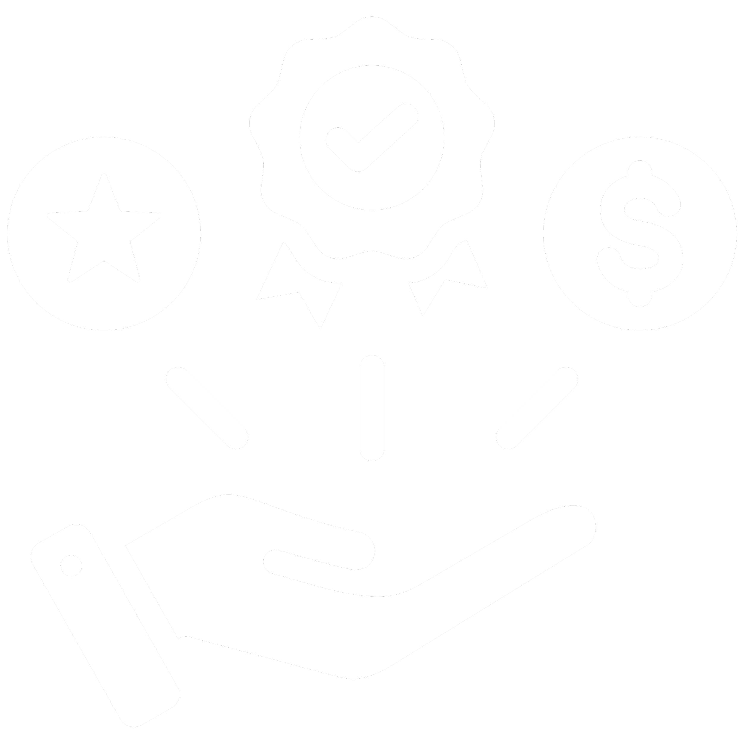 Hand holding a badge with a checkmark surrounded by awards and monetary icons.
