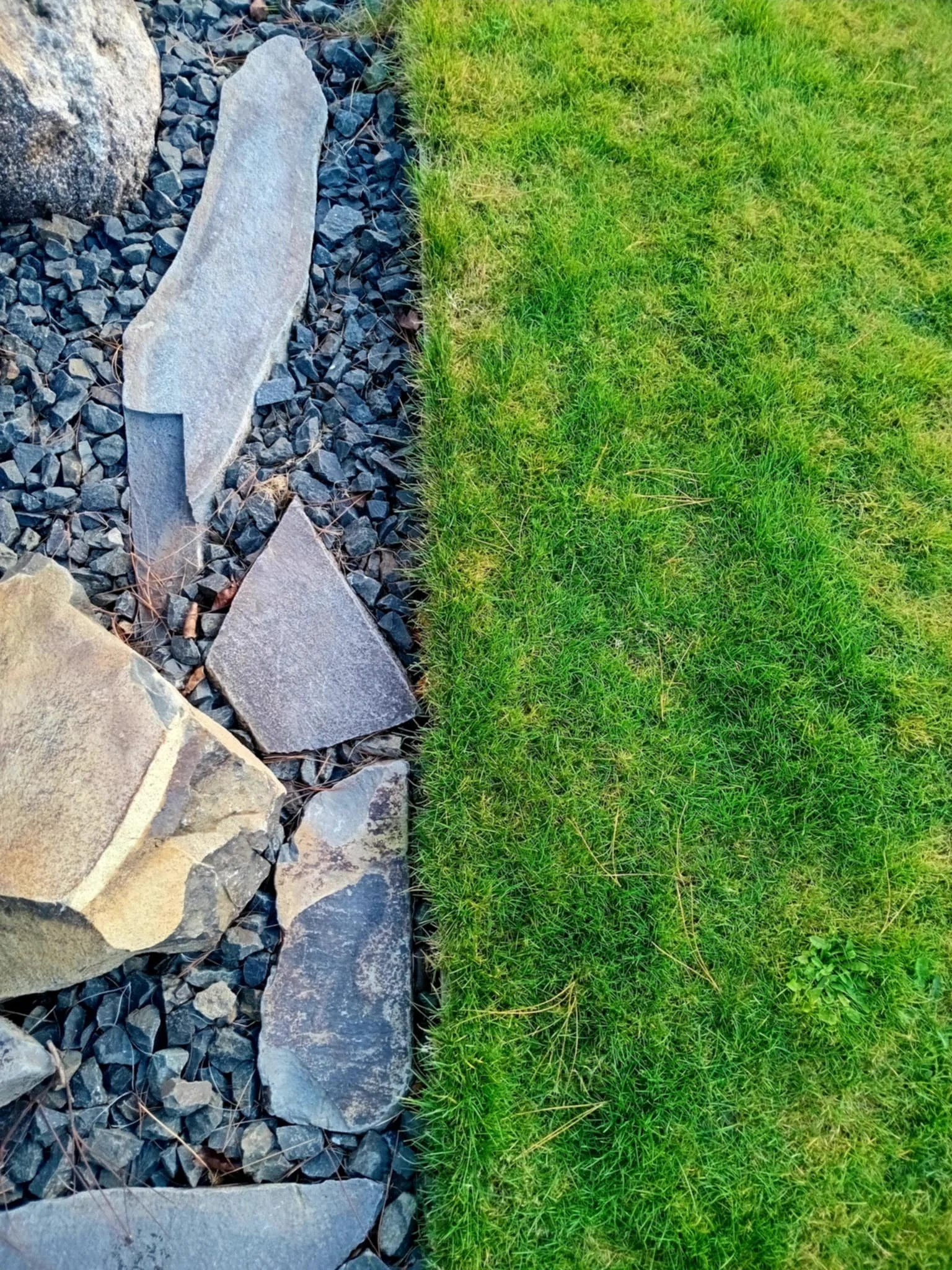 Lawn, halswell quarry stone path, black chip