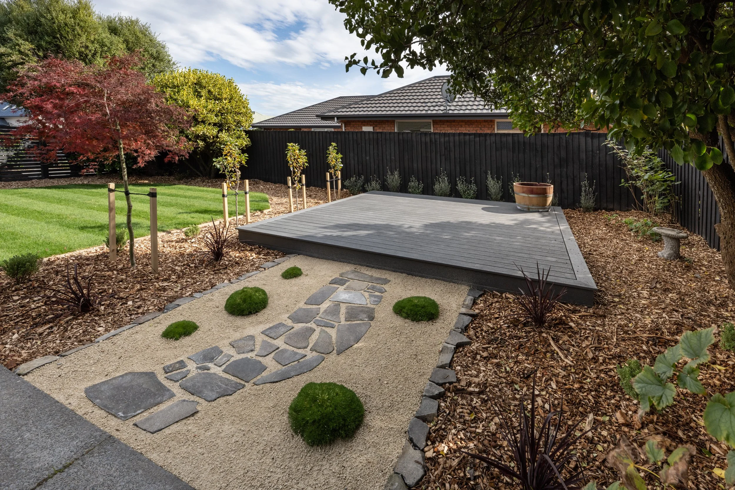 Christchurch, garden, ready lawn, lawn, deck, low maintenance, planting, outdoor design, paving, contemporary, australian