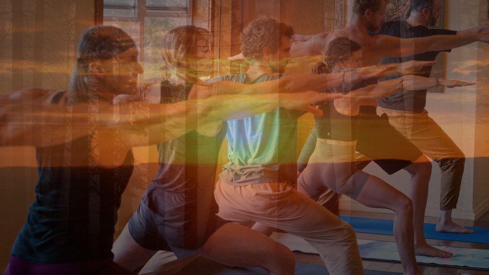 A class holding a standing warrior pose, the picture layered with warm streaks of evening light