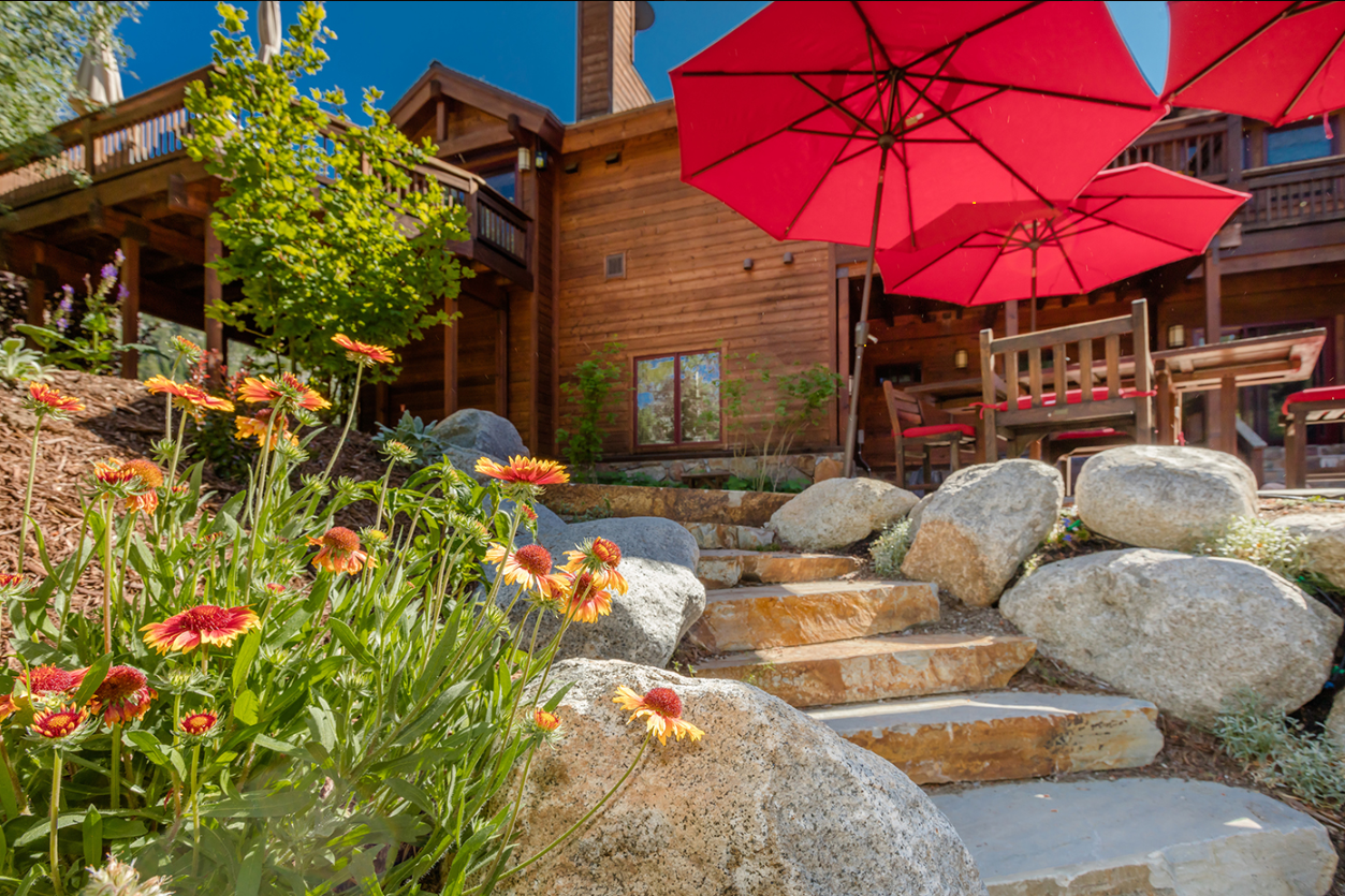 Mountain home with wildflowers and rock steps