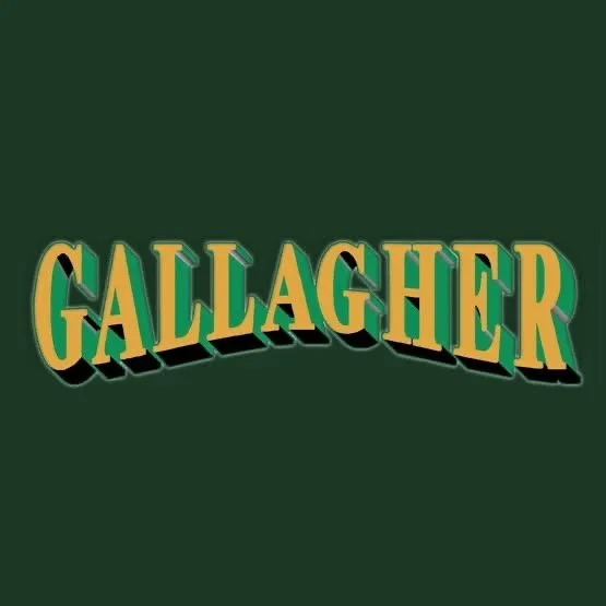 The word 'GALLAGHER' in yellow 3D text with a green shadow on a dark green background.