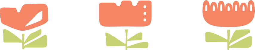 Three stylized flowers with pink petals and green stems.