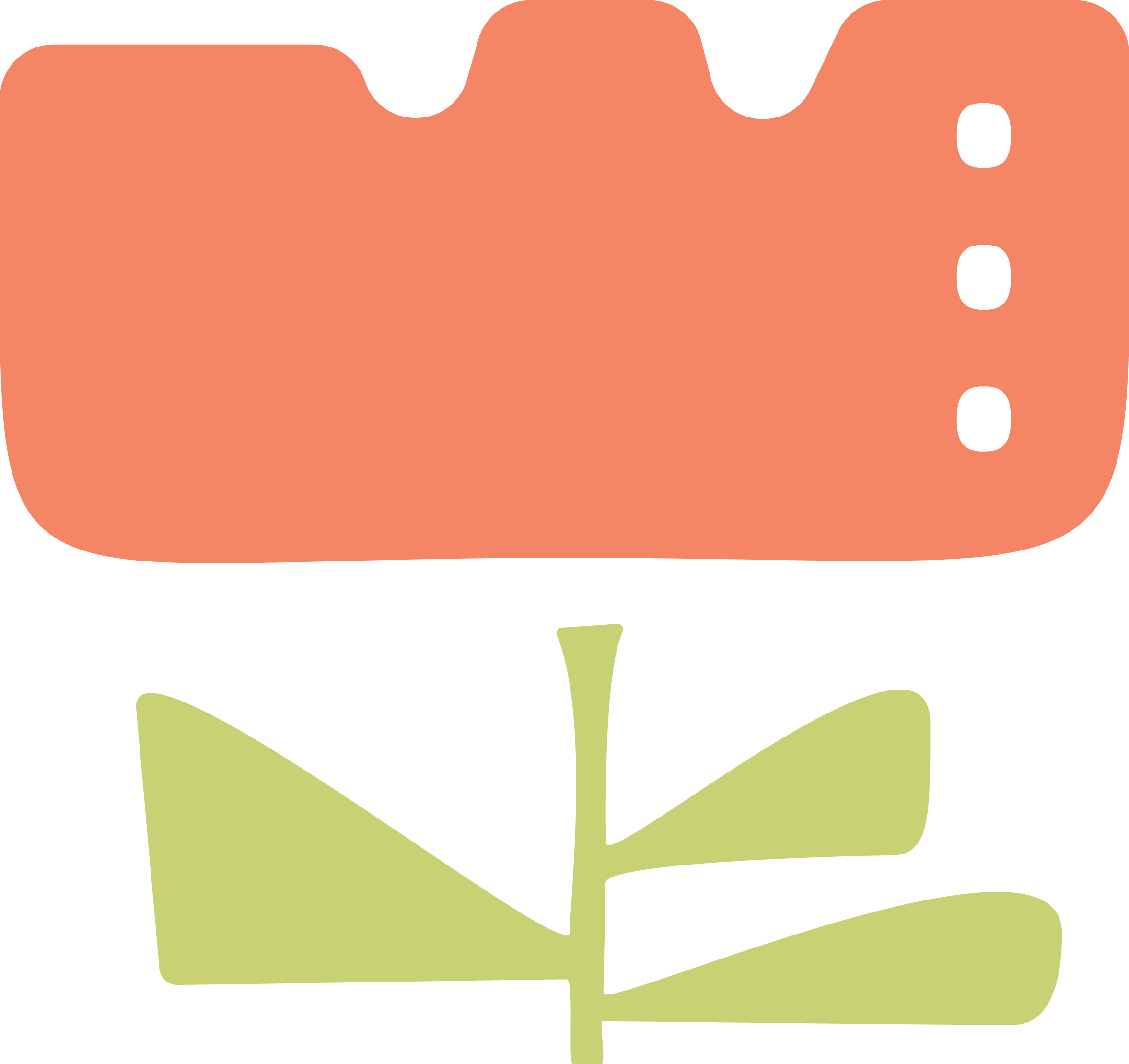 An abstract graphic of a orange flower with rounded edges and black dots on one side, resembling a piece of cake, placed above a stylized green plant with three large leaves and a thin stem.