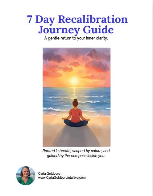Cover page of a guide titled '7 Day Recalibration Journey Guide' with an illustration of a person meditating on a beach at sunset, and a small photo of Carla Goldberg at the bottom.