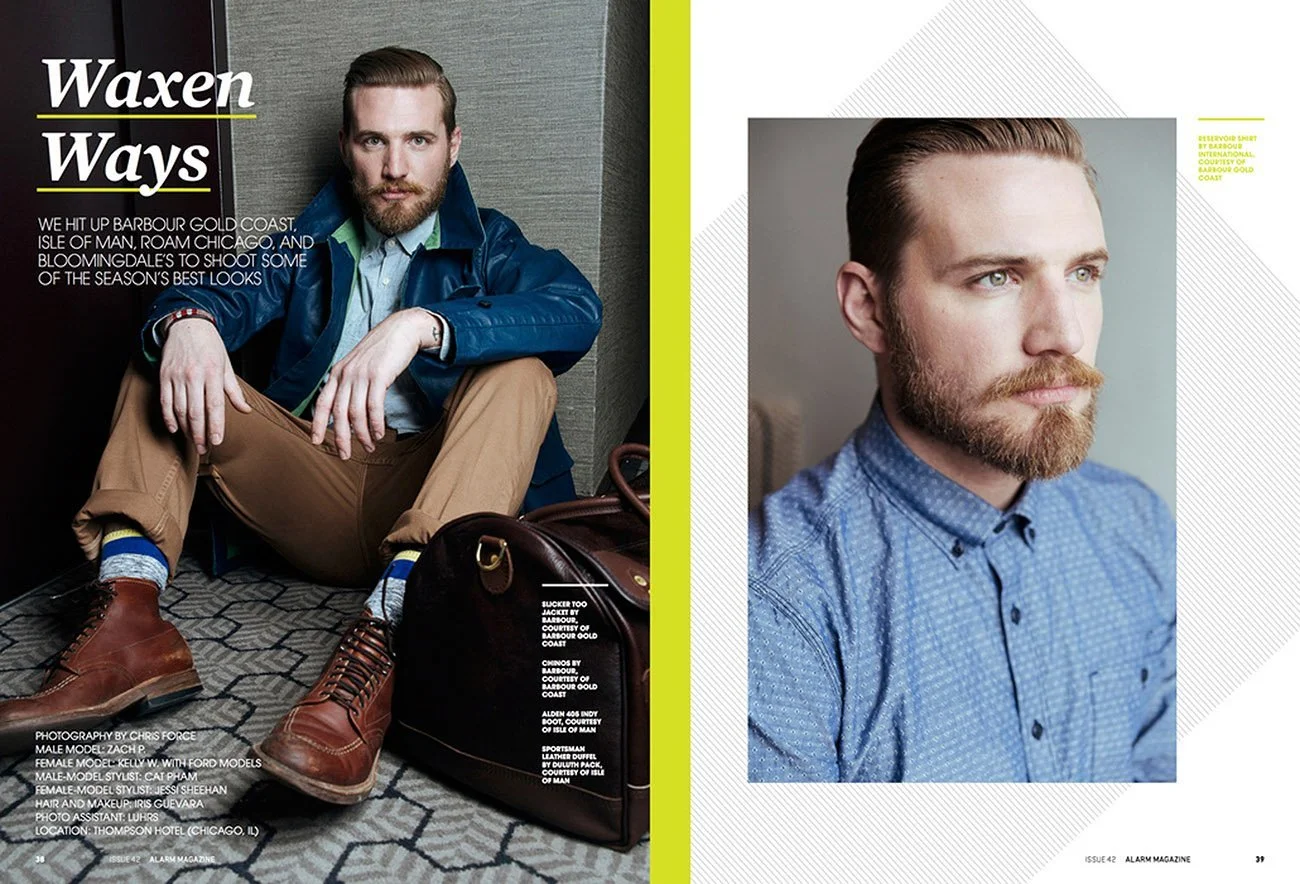 A two-page magazine spread titled "Waxen Ways" featuring a young man with a beard and blue eyes in a casual setting. The left page shows him seated on the floor, wearing a blue jacket, light blue shirt, tan pants, brown boots, and colorful socks, wit
