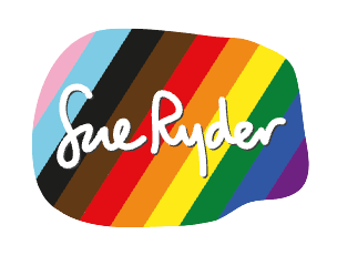 Colorful oval shape with rainbow stripes and the white handwritten text 'Sue Ryder' in the center.