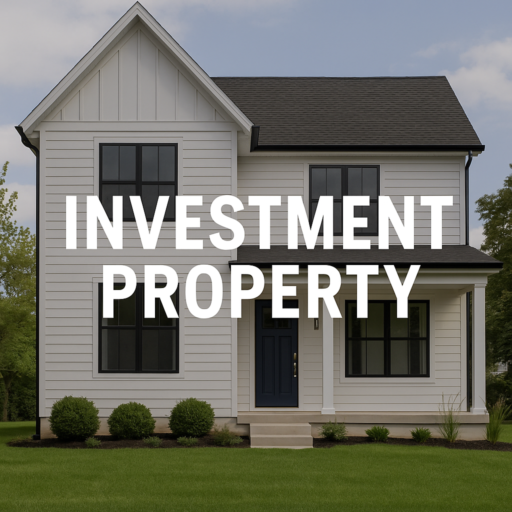 White two-story house with black windows, black door, and front porch, surrounded by green grass and trees, with the words 'Investment Property' overlaid.