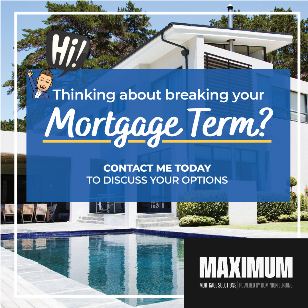 Modern white house with a swimming pool in the backyard, trees in the background. Overlayed on the image is a flyer with a cartoon character saying 'Hi!', text about discussing mortgage options, and a black logo for Maximum Mortgage Solutions.