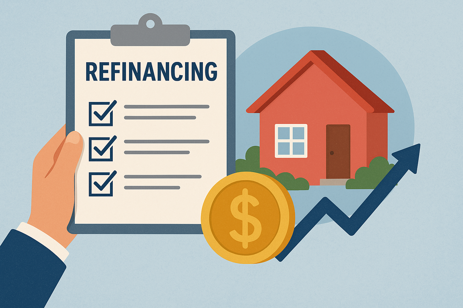Illustration of refinancing a home, featuring a hand holding a clipboard with a checklist, a house, a gold dollar coin, and an upward trending arrow indicating growth.