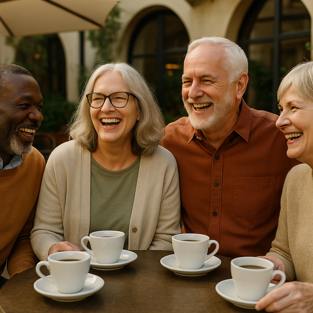 Four happy adults sharing coffee and laughing together at an outdoor cafe.