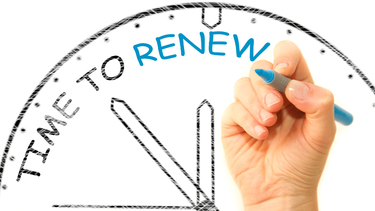 A hand with a blue marker is writing the word 'RENEW' in blue on a gauge graphic that indicates 'Time to Renew'.