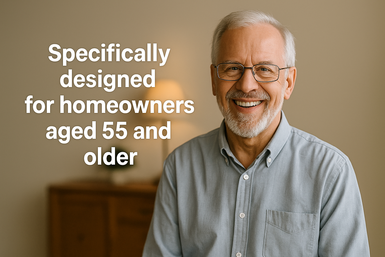 An older man with white hair, glasses, and a beard, smiling in a home setting with a lamp and wooden furniture in the background. Overlaid text reads, 'Specifically designed for homeowners aged 55 and older.'