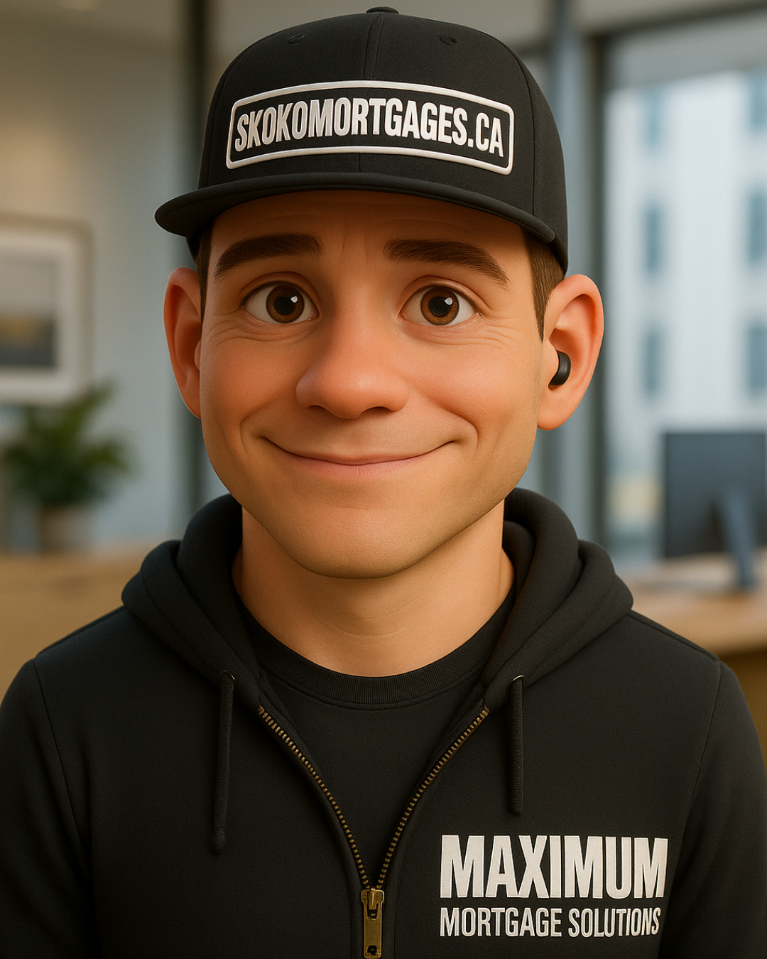A young man wearing a black cap with a website URL, black hoodie with a logo, and an earbud, smiling in an office setting.