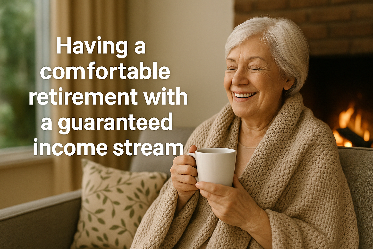 An elderly woman with short gray hair, smiling and holding a white mug, sits comfortably near a fireplace with a window showing greenery outside.