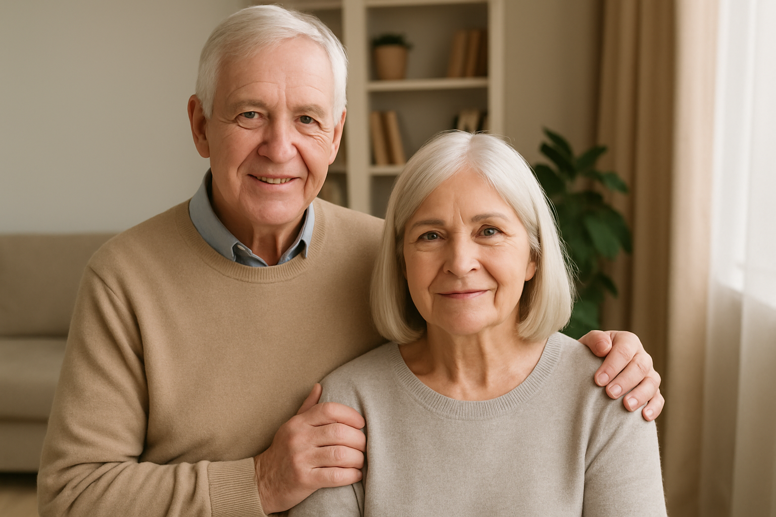 An elderly man and woman smiling, standing close together in a cozy living room, with the man resting his hand on the woman's shoulder.