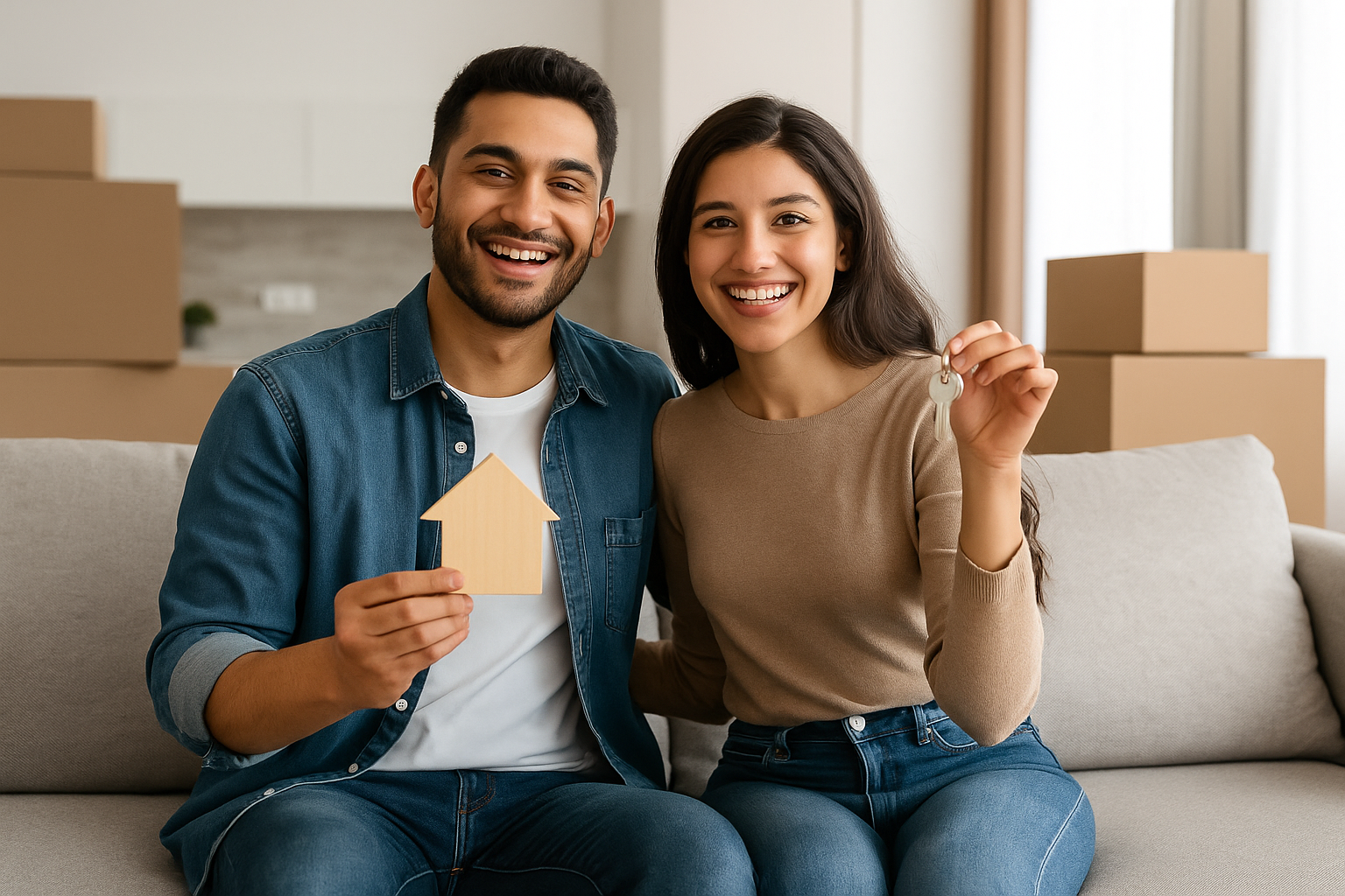 Happy couple sitting on a beige couch in a new home, holding keys and a house-shaped cutout, with moving boxes in the background.