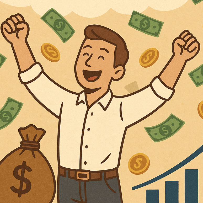 A cartoon man is celebrating with raised arms amid falling dollar bills, coins, a money bag, and a rising graph.