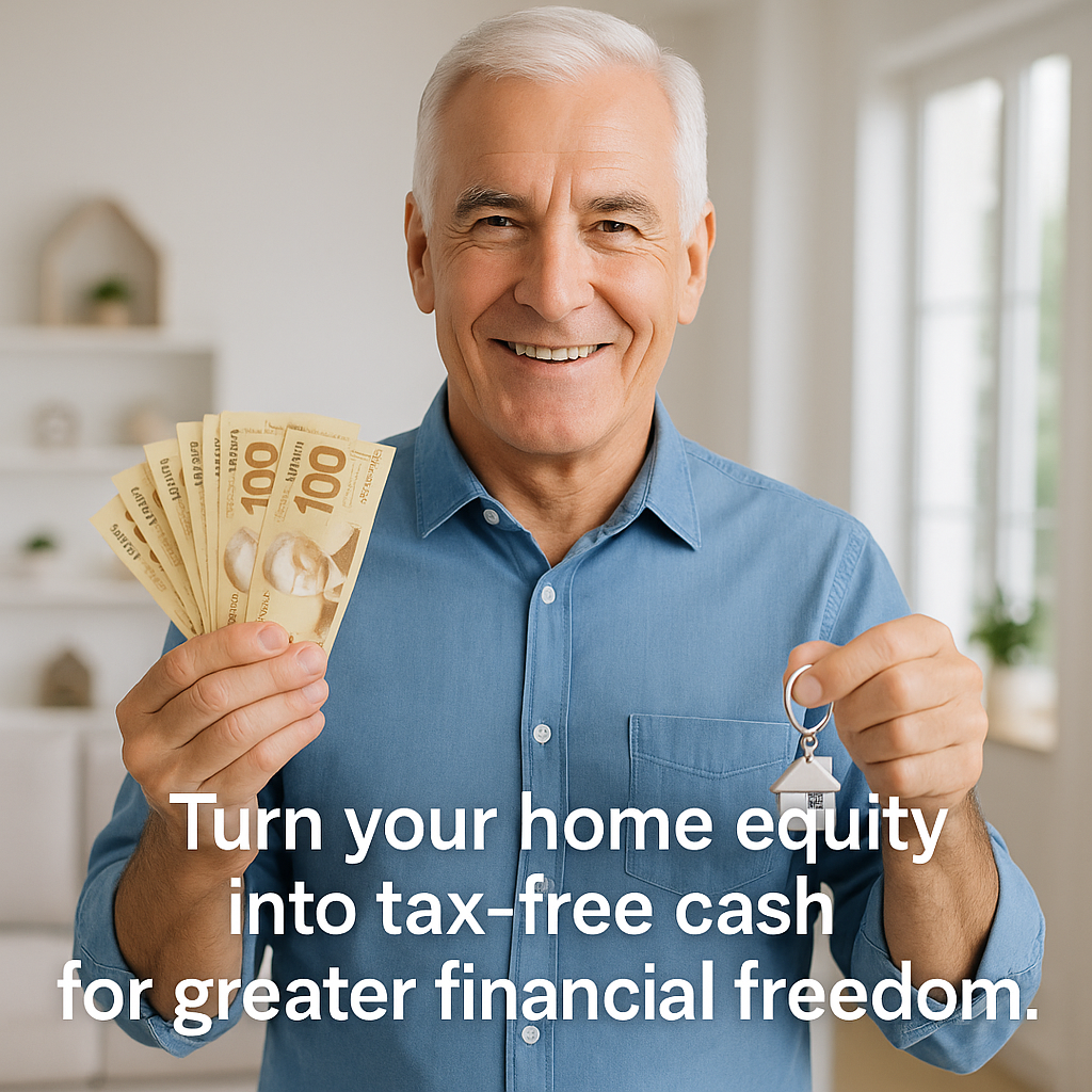 Smiling older man holding several 100-dollar bills in one hand and a keychain with a house in the other, standing indoors with a blurred background, promoting real estate investment or home equity.