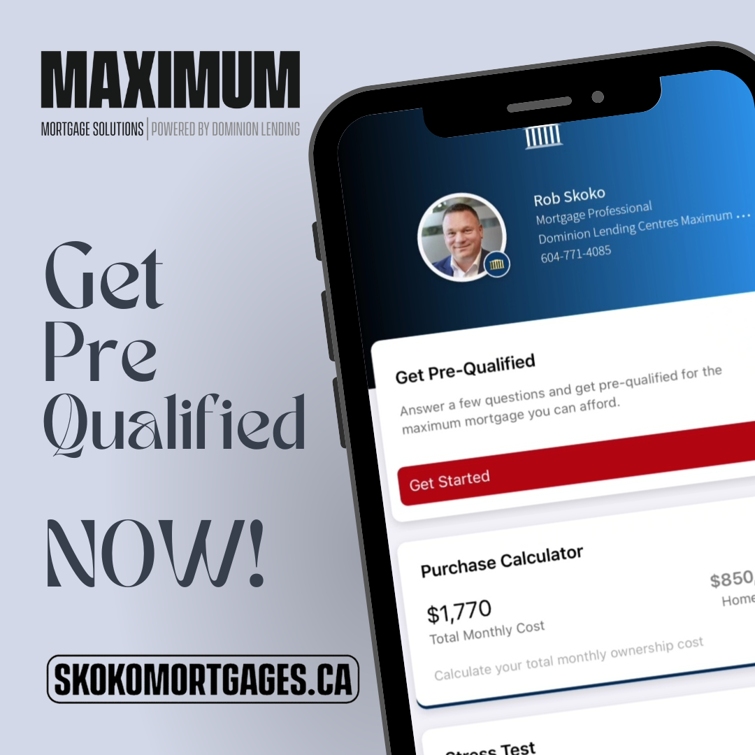 A digital advertisement for Maximum mortgage solutions encouraging pre-qualification now, featuring a smartphone screen with a mortgage professional's profile, a get started button, and a purchase calculator, with website skokomortgages.ca displayed.