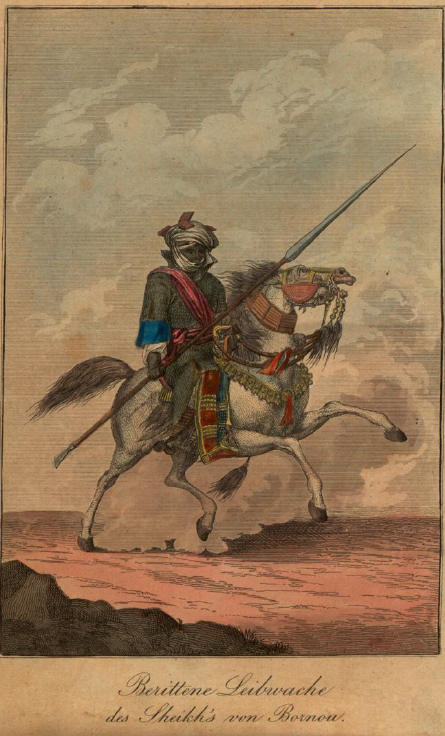 The mounted bodyguard of the Sheikh of Bornu. Source: Karl Friedrich Voltrath Hoffmann, Die Völker der Erde, ihr Leben, ihre Sitten und Gebräuche, zur Belehrung und Unterhaltung, 1840. 