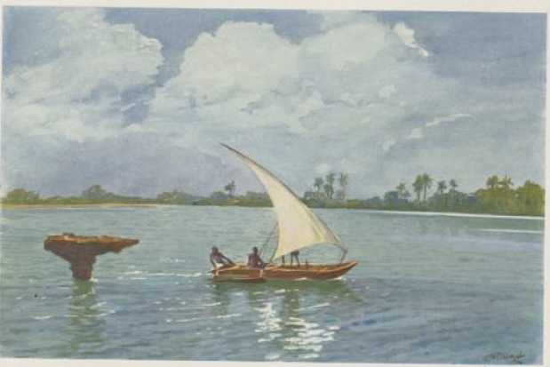 A small fishing craft of local fishermen off the coast of Dar es Salaam. Watercolour by R. Duschek. Source: H. Fonck, Die Naturschönheit deutscher Tropen: die Bevölkerung und Erschliessung, 1911.