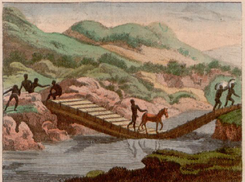 The suspension bridge over the Baffin River (or Black River). Source: M. chr. Schulz, Mungo Park's Reise in Afrika, 1805. 