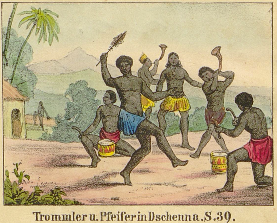 Drummers and fife players in Djenné. Source: Richard Landers & John Landers, Die Entdeckung des Nigers in Afrika : Eine unterhaltende und belehrende Reisebeschreibung für die Jugend. 1843.