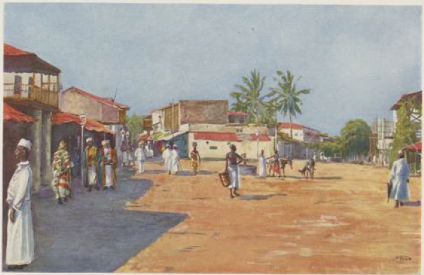 Merchants’ Street in Dar es Salaam. Watercolour by R. Duschek. Source: H. Fonck, Die Naturschönheit deutscher Tropen: die Bevölkerung und Erschliessung, 1911.