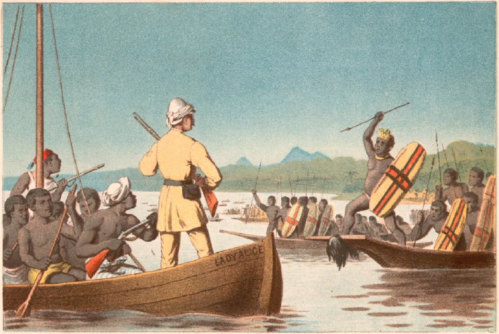 Armed encounter on the river: Stanley and the Wangwana in a canoe with rifles, facing other African canoes armed with spears. Source: Stanley's Reise durch den dunklen Welttheil, 1880.