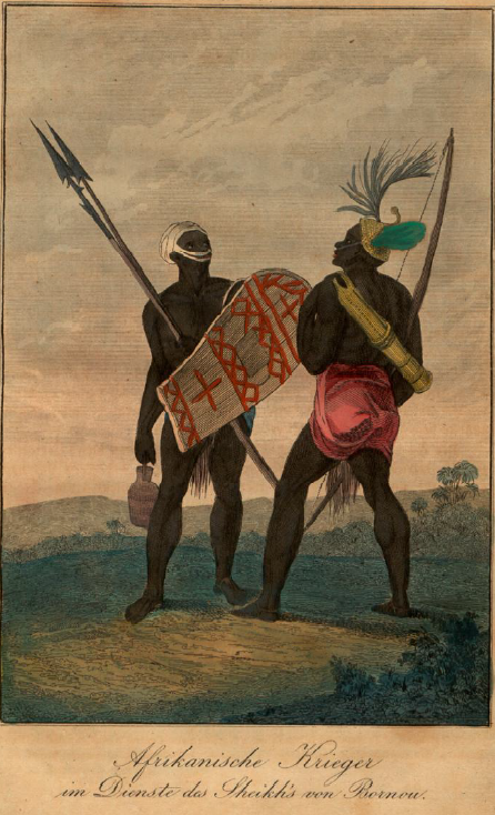 African warriors in the service of the Sheikh of Bornu. Source: Karl Friedrich Voltrath Hoffmann, Die Völker der Erde, ihr Leben, ihre Sitten und Gebräuche, zur Belehrung und Unterhaltung, 1840. 